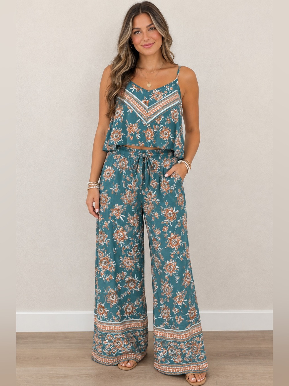 Angie Floral Print Teal Wide-Leg 2 Piece Set